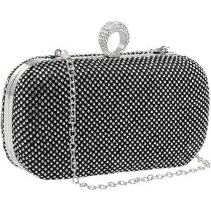🆕Women Black Sparkly Rhinestone Evening Clutch Purse Crystal Ring Clasp Handbag